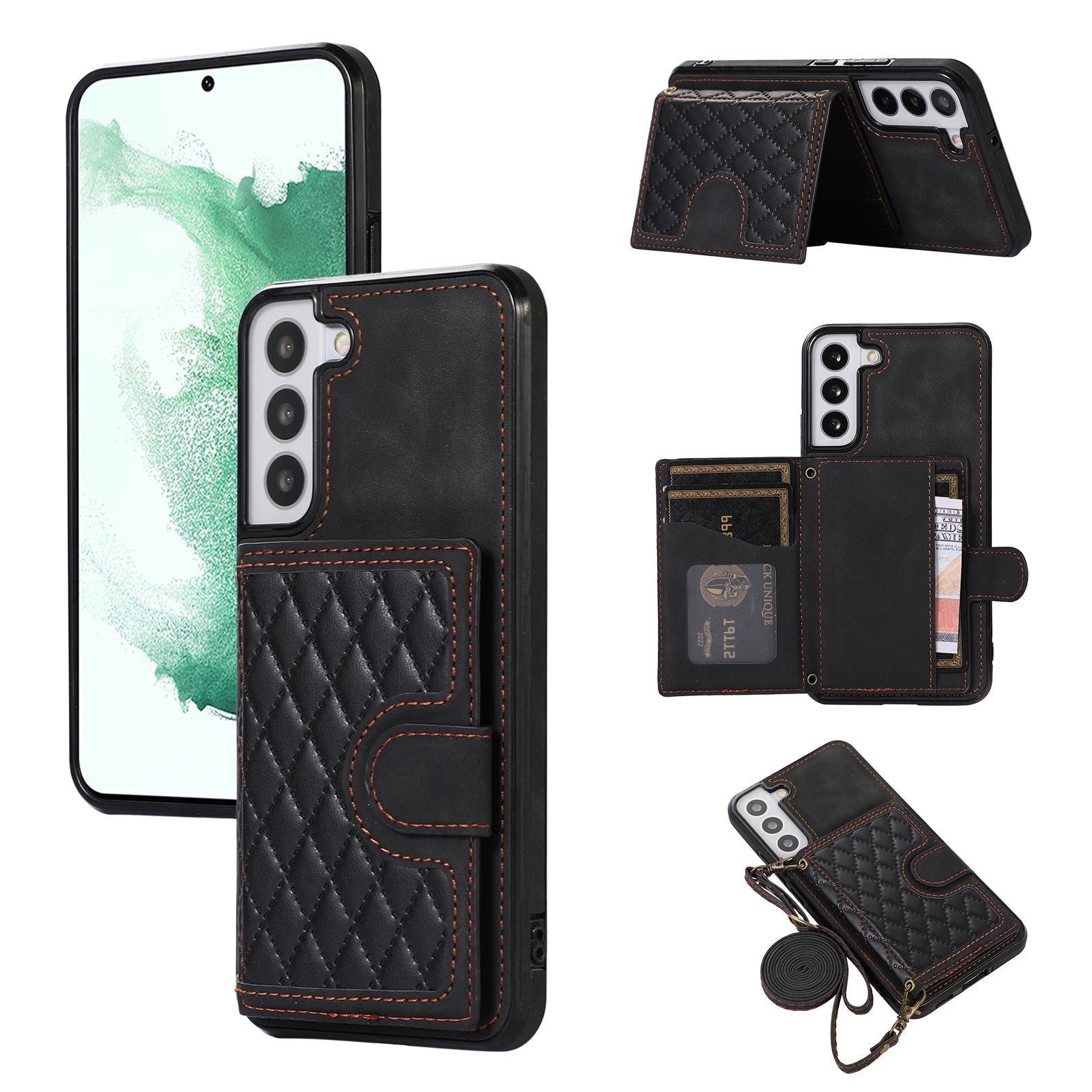 For Samsung Galaxy S21 FE 5G Kickstand Phone Case TPU+PU Leather Shoulder Phone Bag - Black For Samsung Galaxy S21 FE 5G Kickstand Phone Case TPU+PU Leather Shoulder Phone Bag - Black